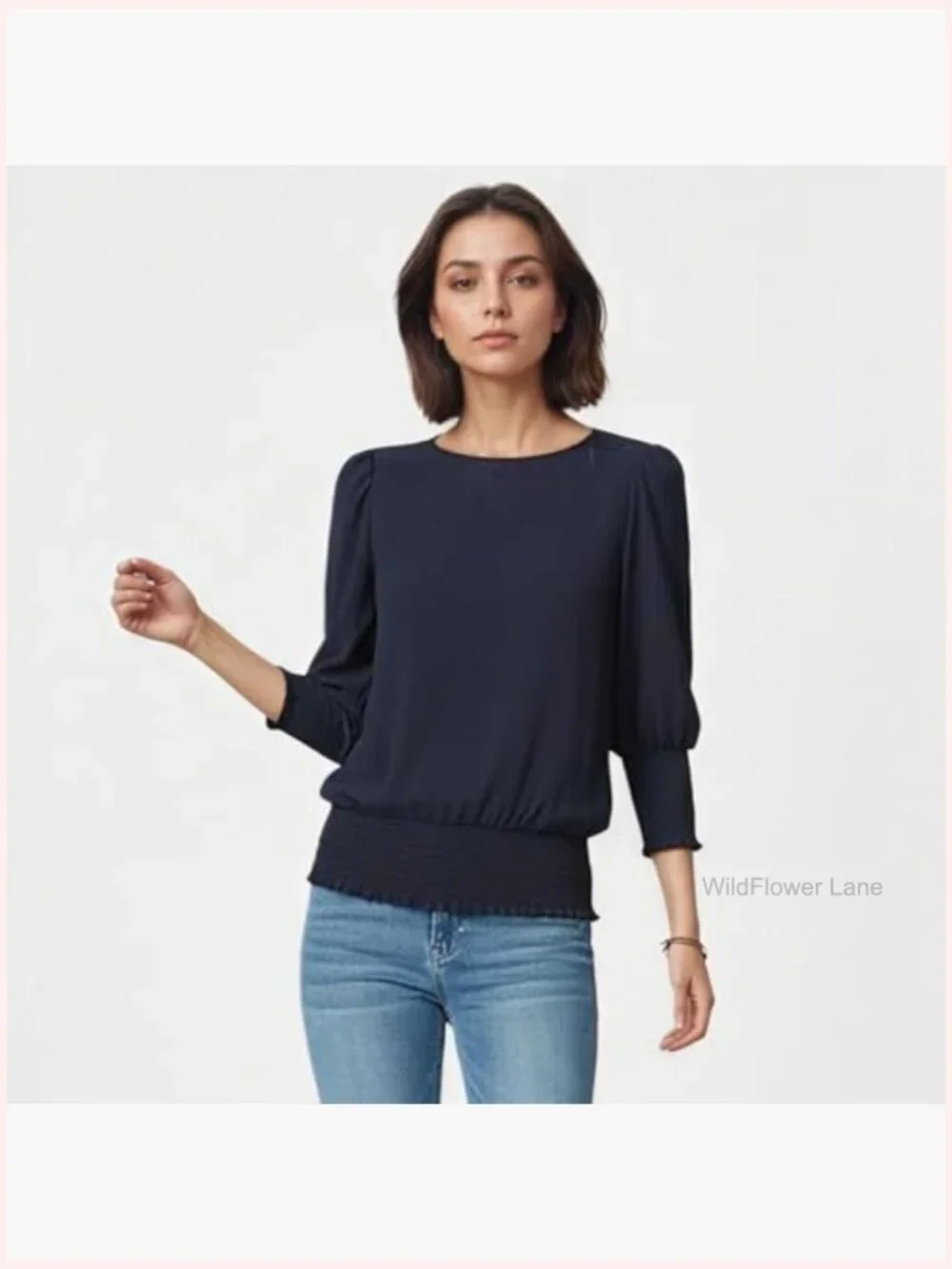 Smocked Elastic Cinched Waist Blouse 3/4 Sleeve Top - Picture 4 of 7